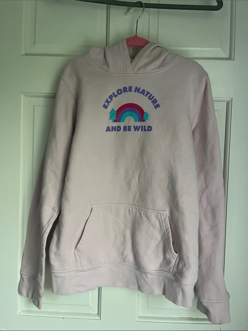 Columbia Light Pink Crewneck Hoodie with Rainbow Graphic